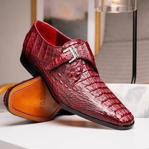 Marco Di Milano Luigi Wine Caiman Crocodile Monk Strap Dress Shoes - Dudes Boutique