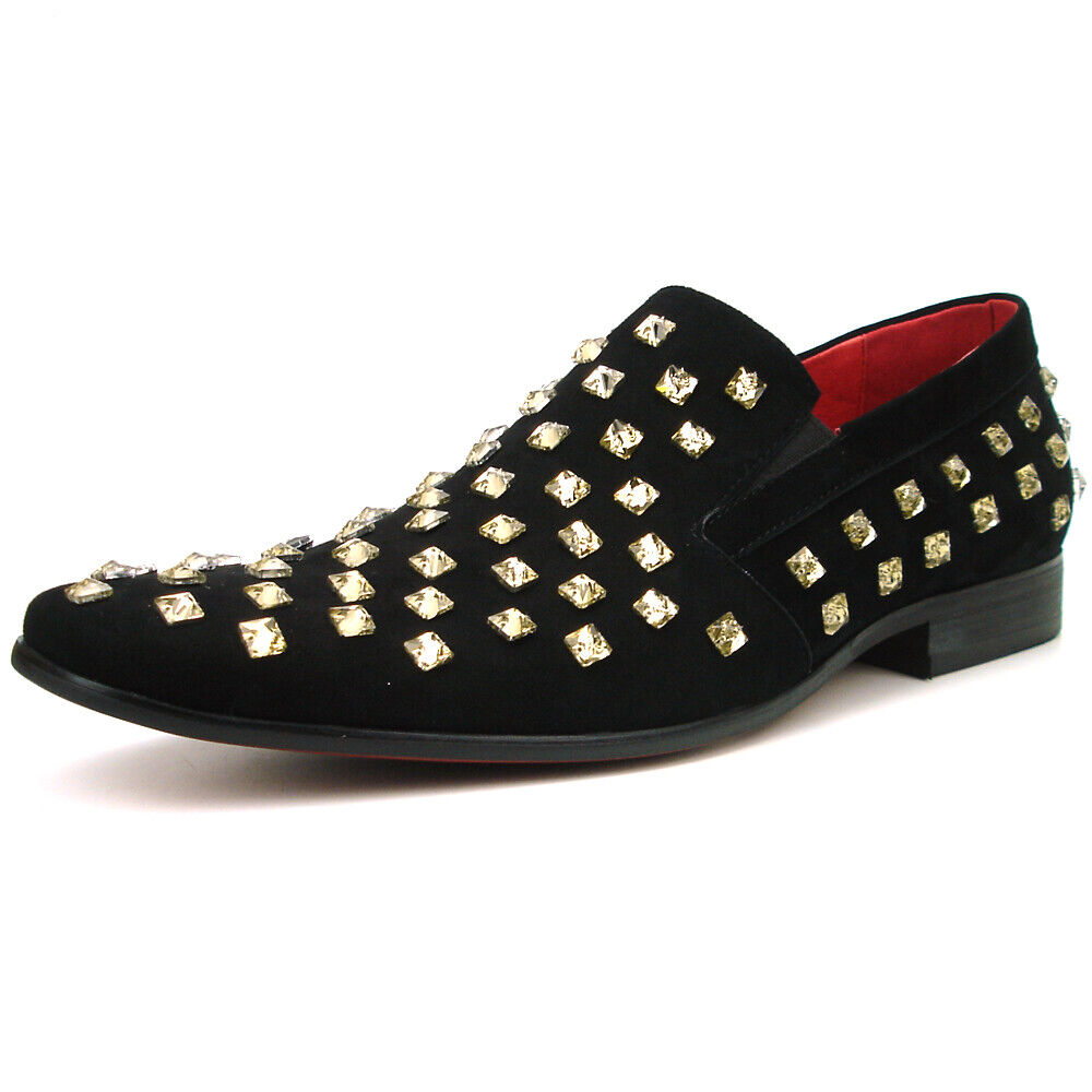 black dress shoes with gold spikes Men's Gold Spikes Loafers Black Dress Shoes Slip-on Leather Slippers Prom Flats