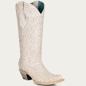 Corral Boots Women's White Glitter Overlay And Embroidery Triad Snip Toe Cowboy Boot - Dudes Boutique
