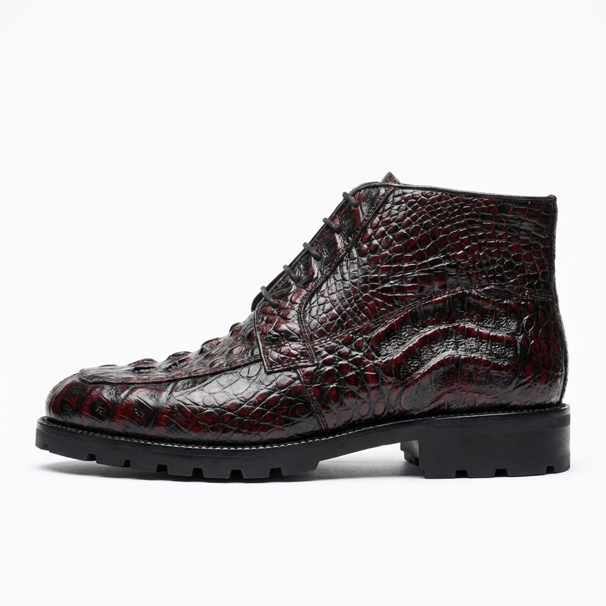 Los Altos Black Cherry Hornback All-Over Crocodile Lace Up Ankle Boots