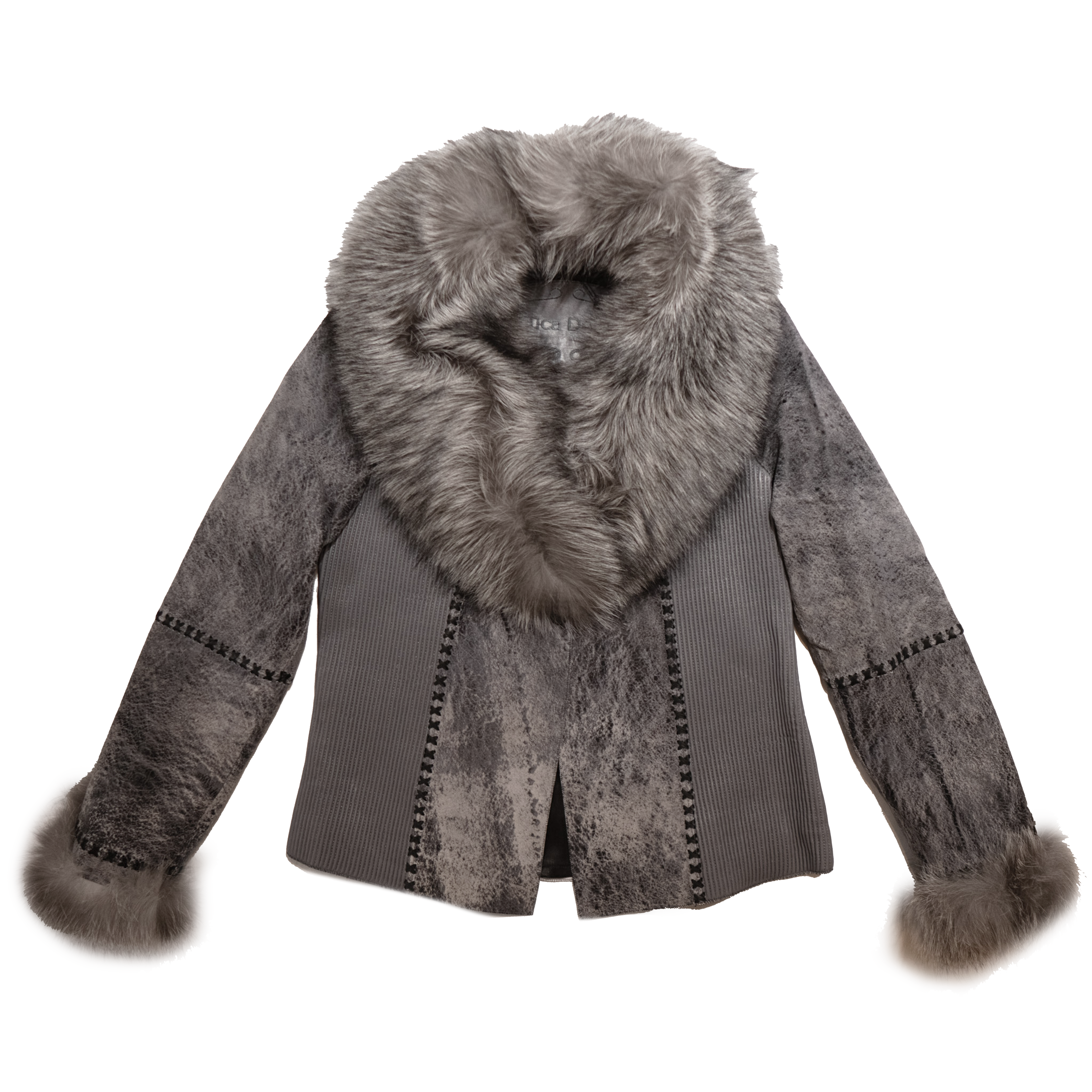 Kashani Women's Gray Distressed Hand Stitched Leather Fox Jacket