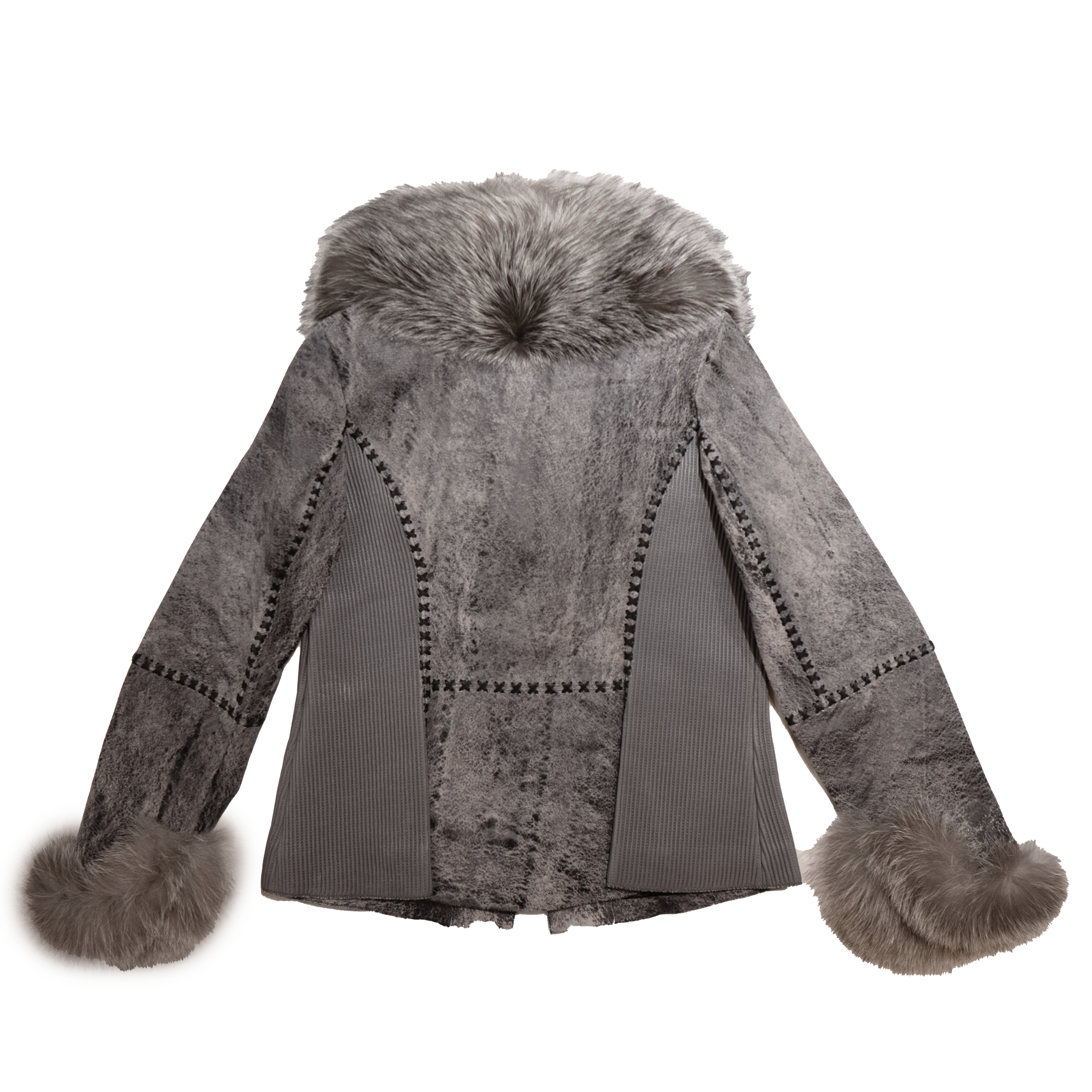 Kashani Women's Gray Distressed Hand Stitched Leather Fox Jacket