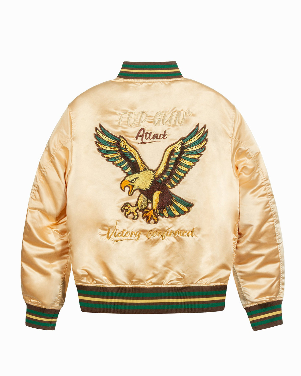 Top Gun Satin Eagle varsity jacket in stone, back with embroidered eagle