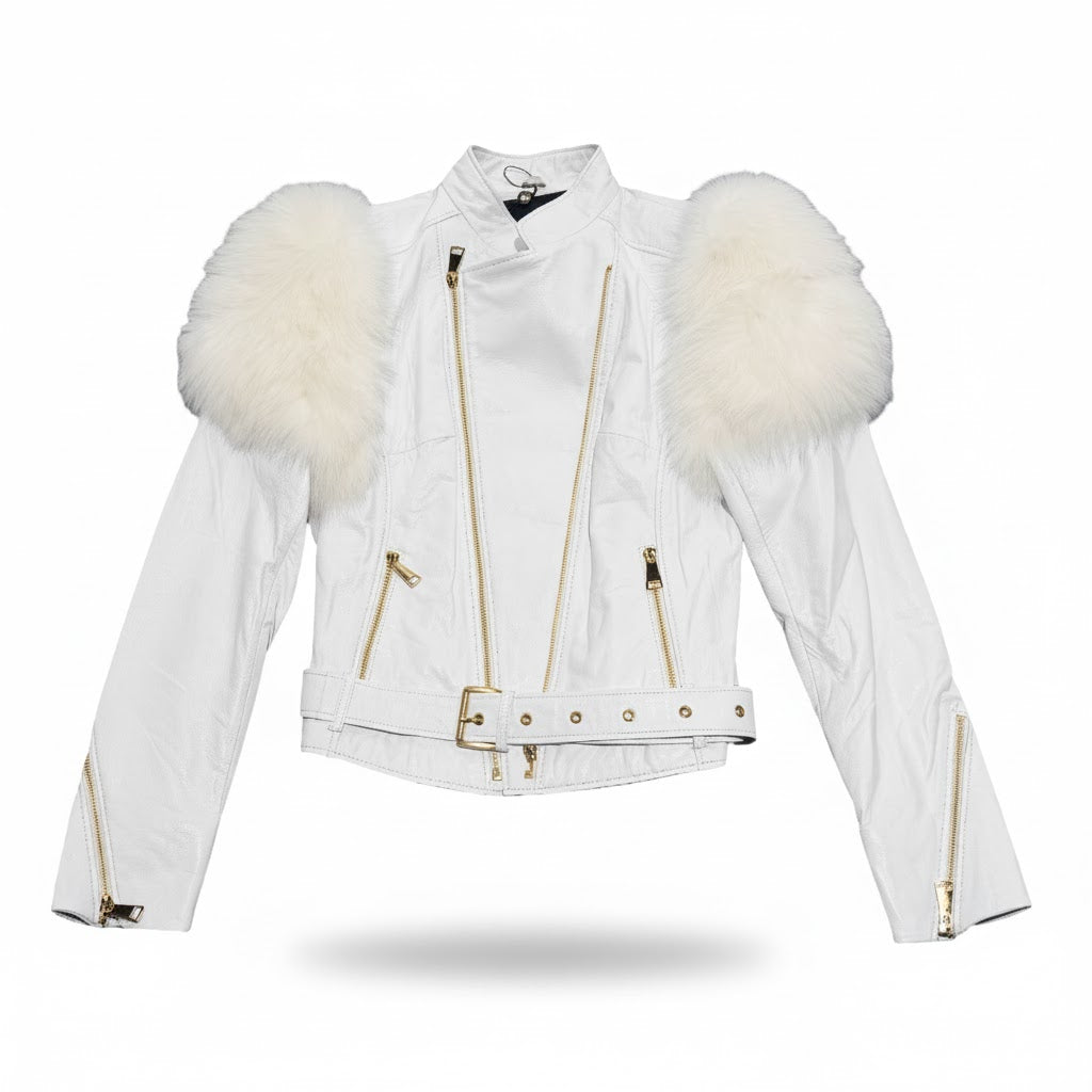 Kashani women's white biker jacket with fox fur shoulders