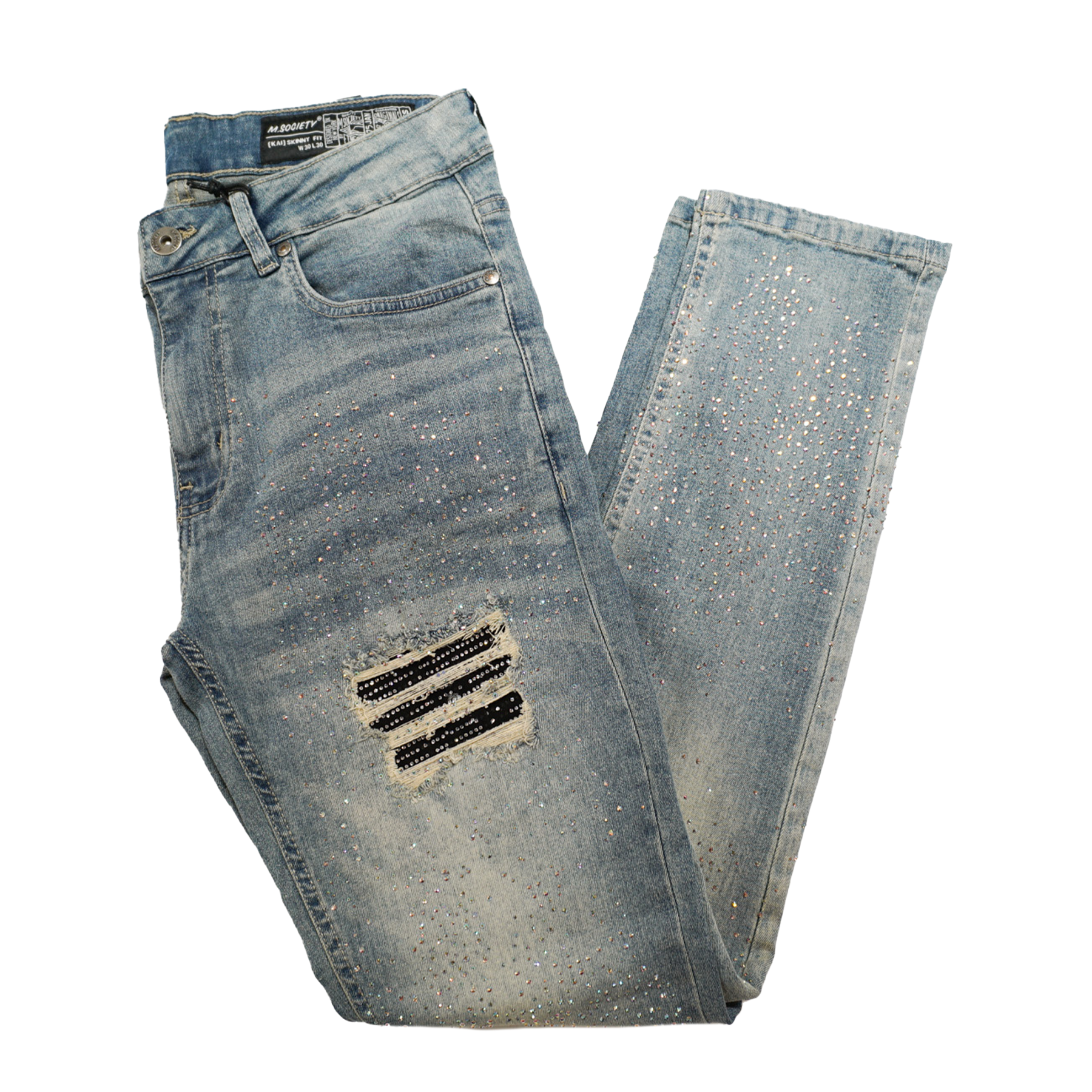 M. Society Men's Vintage Wash Ripped & Rhinestone Jeans