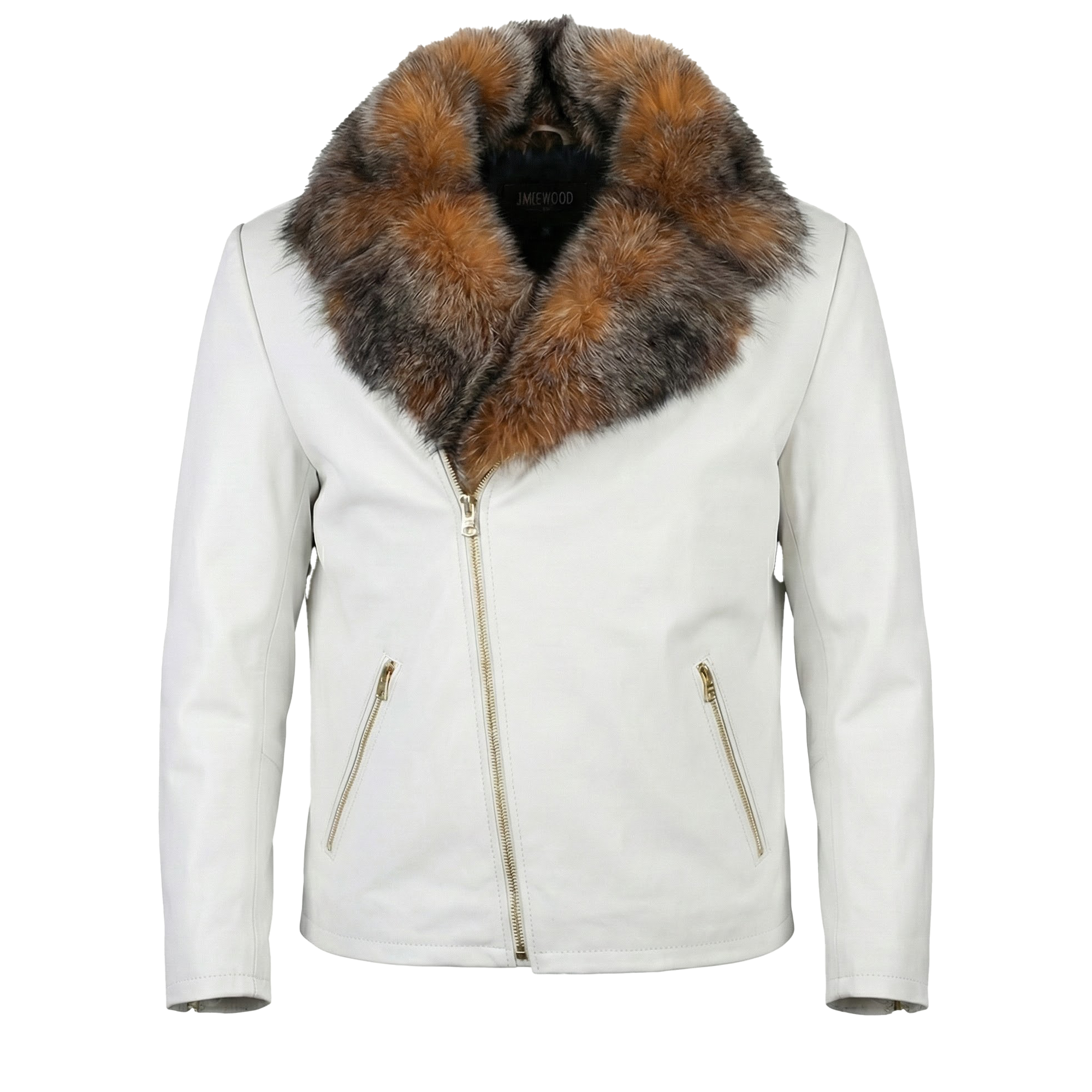 Kashani Men's White Lambskin Red Fox Collar Biker Jacket