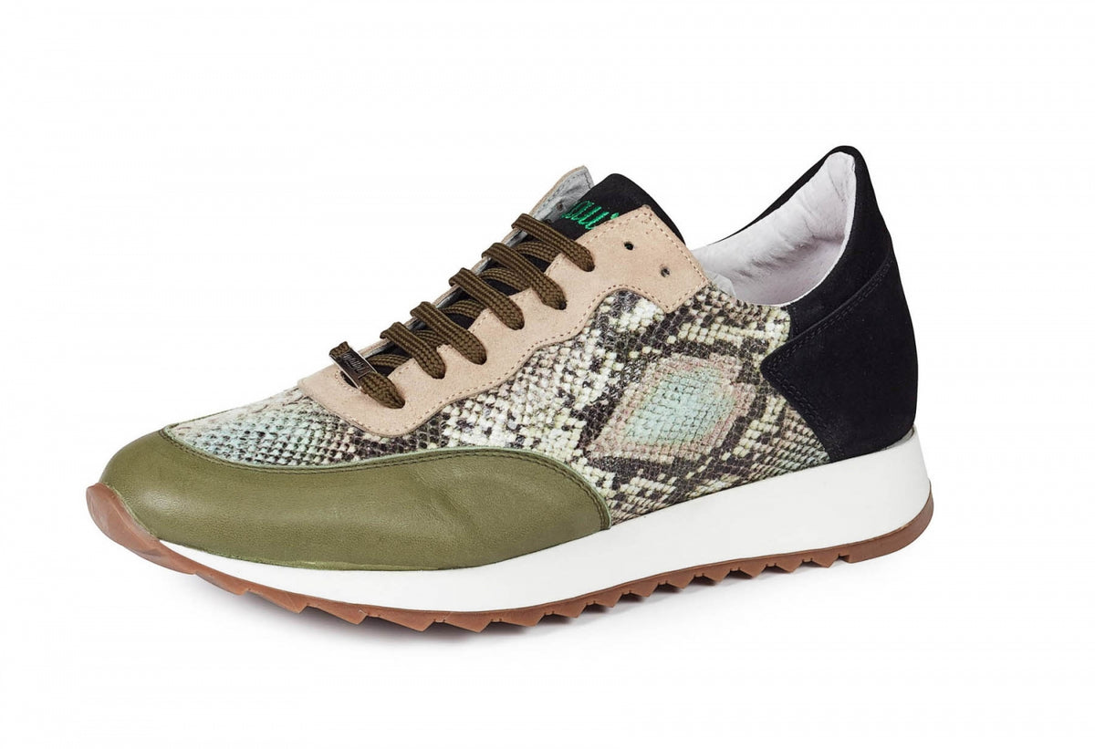 Mauri - M728 Calf, Python Print, & Green Suede Sneakers - Dudes Boutique