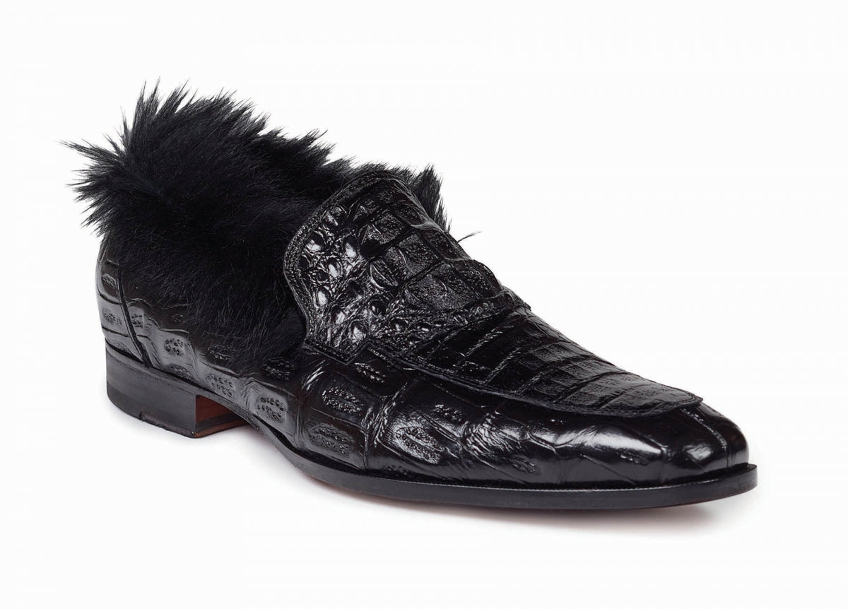 Mauri - 4615 Black Baby Croc, Hornback Crown & Kangaroo Fur Loafer - Dudes Boutique