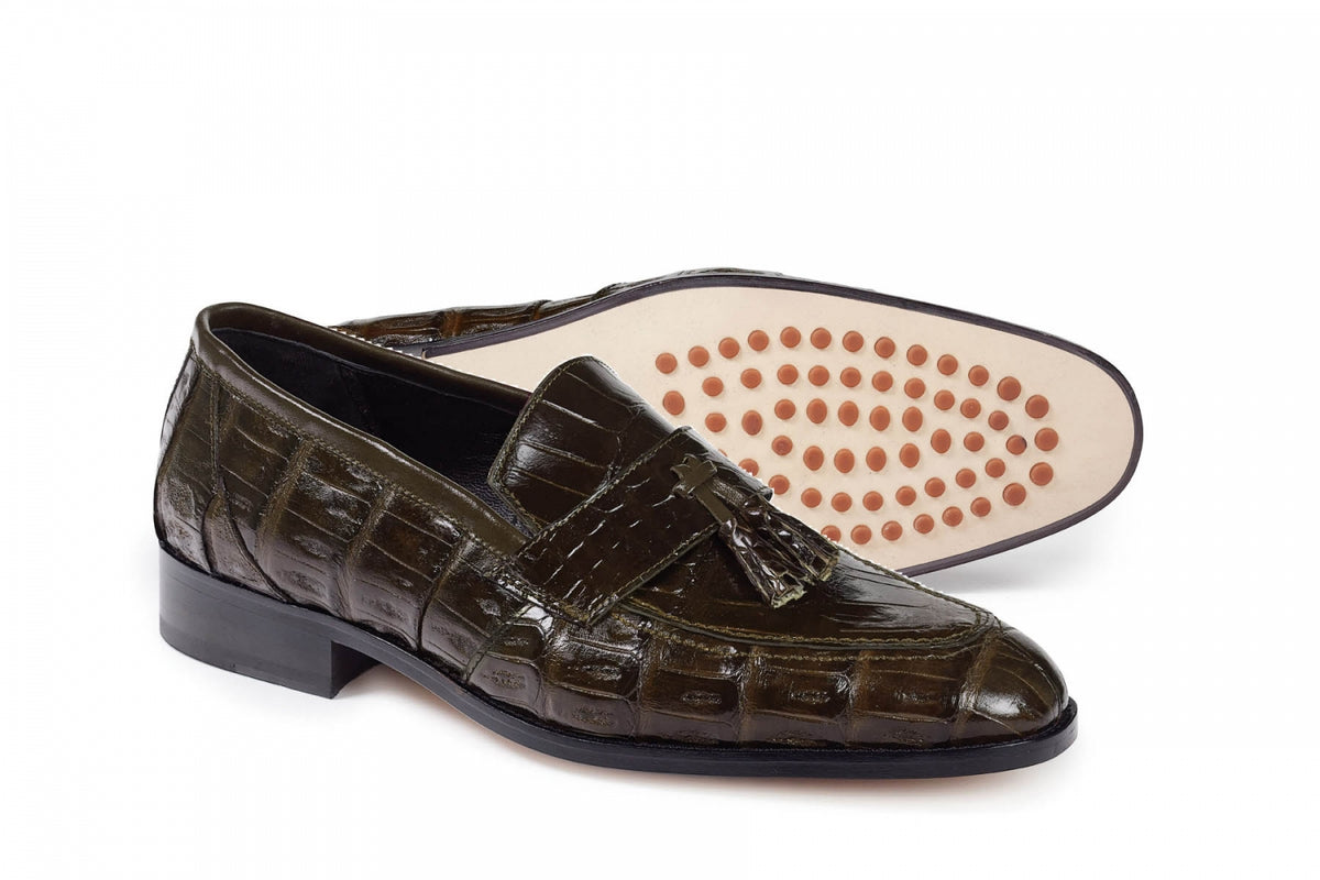Mauri - 4839 Olive Baby Croc & Body Alligator Tassle Loafer - Dudes Boutique