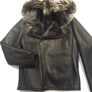 Jakewood Biker Shearling Jacket w/ Silver Fox Trim - Dudes Boutique