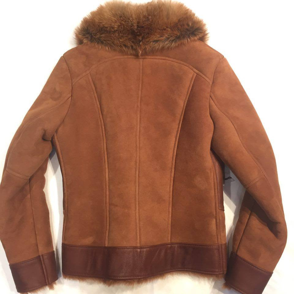 Jakewood tobacco shearling bomber with red fox fur collar
