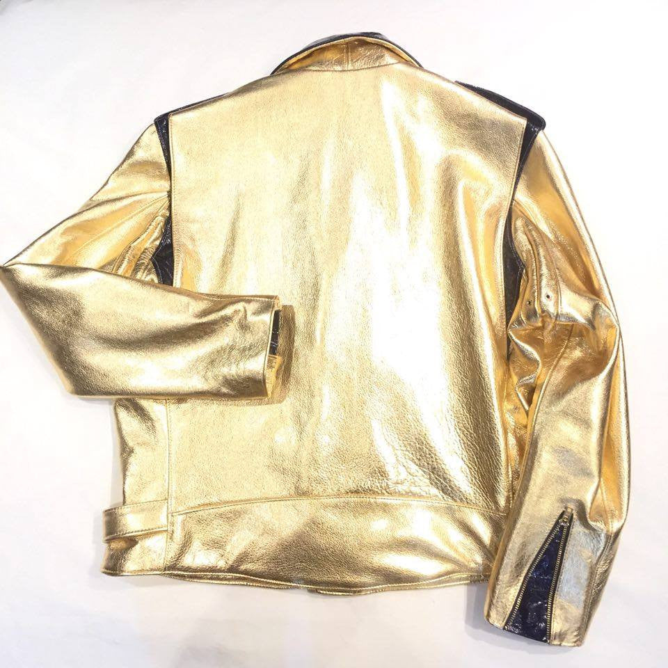 G-Gator Gold/Navy Cowhide/Patent Leather Biker Jacket - Dudes Boutique