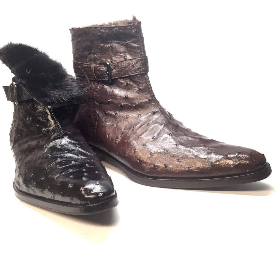 Mauri 4390 Nicotine Ostrich Quill & Mink Fur Ankle Boots - Dudes Boutique