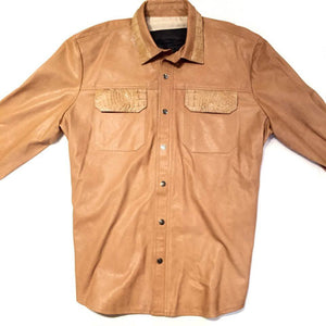 Kashani Men's Beige Lambskin Button-Up Shirt with Alligator Pockets - Dudes Boutique