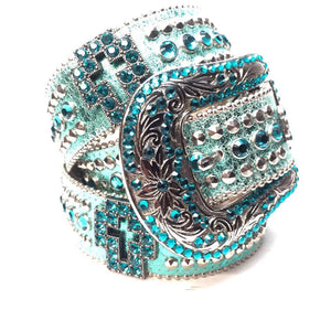 b.b. Simon Metallic Teal Cross Crystal Belt - Dudes Boutique