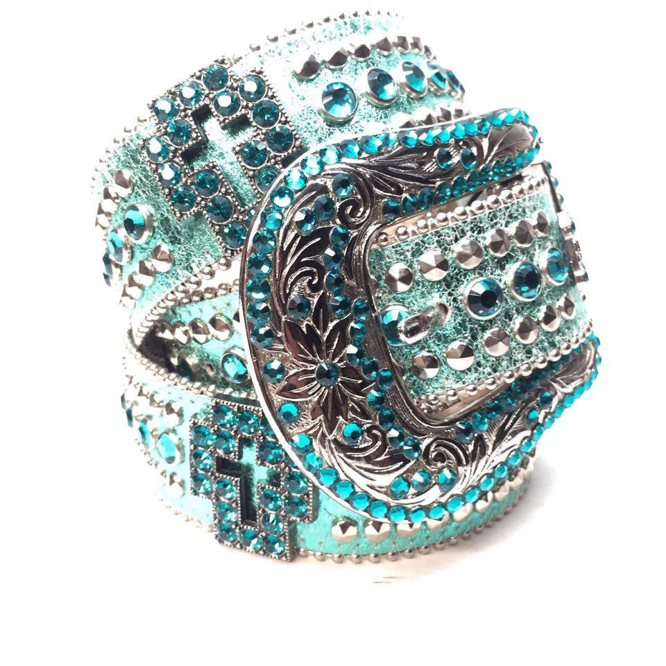 b.b. Simon Metallic Teal Cross Crystal Belt - Dudes Boutique