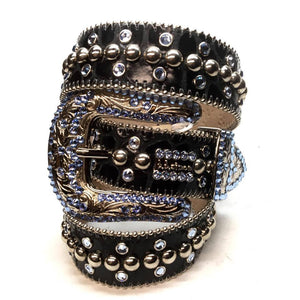b.b. Simon Black Light Blue Pony Double Studded Crystal Belt - Dudes Boutique