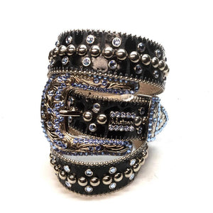 b.b. Simon Black Light Blue Pony Double Studded Crystal Belt - Dudes Boutique