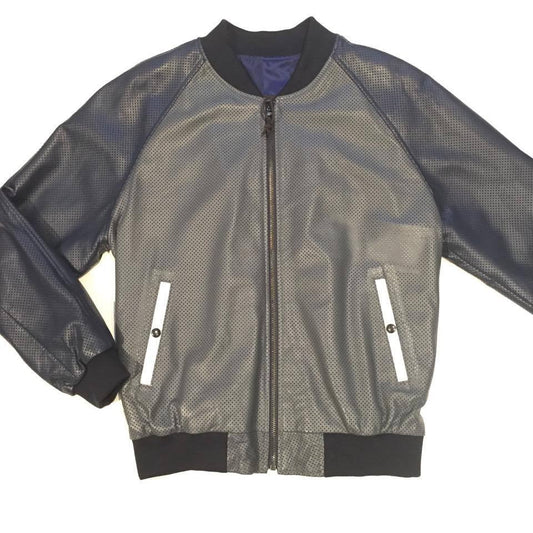 G-Gator perforated lambskin varsity jacket in blue and gray