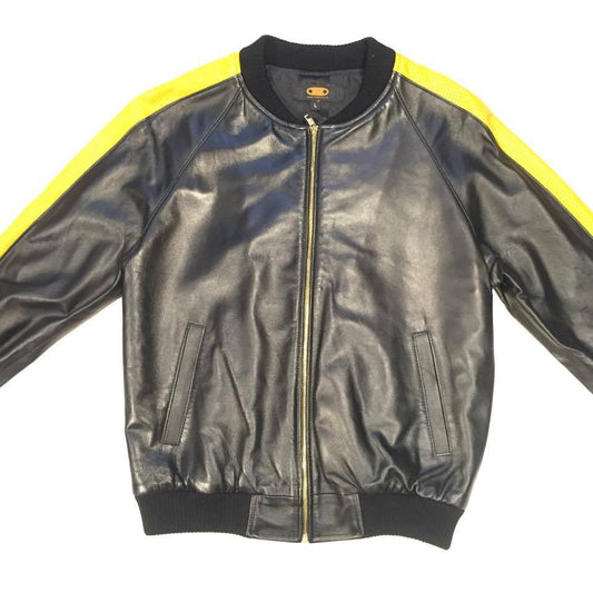 G-Gator perforated lambskin varsity jacket in black and yellow
