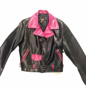 G-Gator Ladies Black & Pink Fox Collar Lambskin Biker Jacket - Dudes Boutique