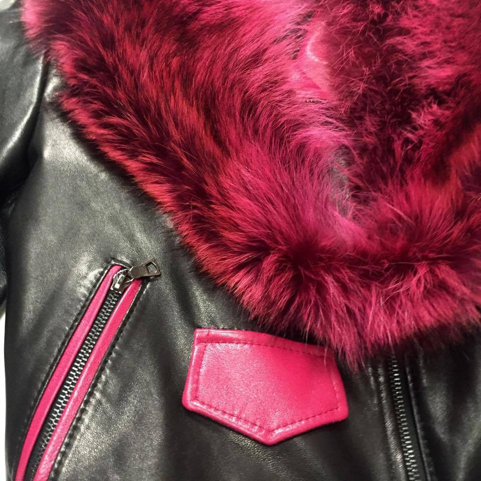 G-Gator Ladies Black & Pink Fox Collar Lambskin Biker Jacket - Dudes Boutique