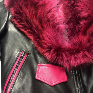 G-Gator Ladies Black & Pink Fox Collar Lambskin Biker Jacket - Dudes Boutique