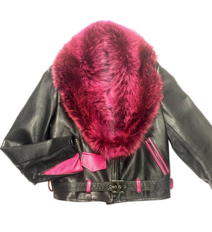 G-Gator Ladies Black & Pink Fox Collar Lambskin Biker Jacket - Dudes Boutique