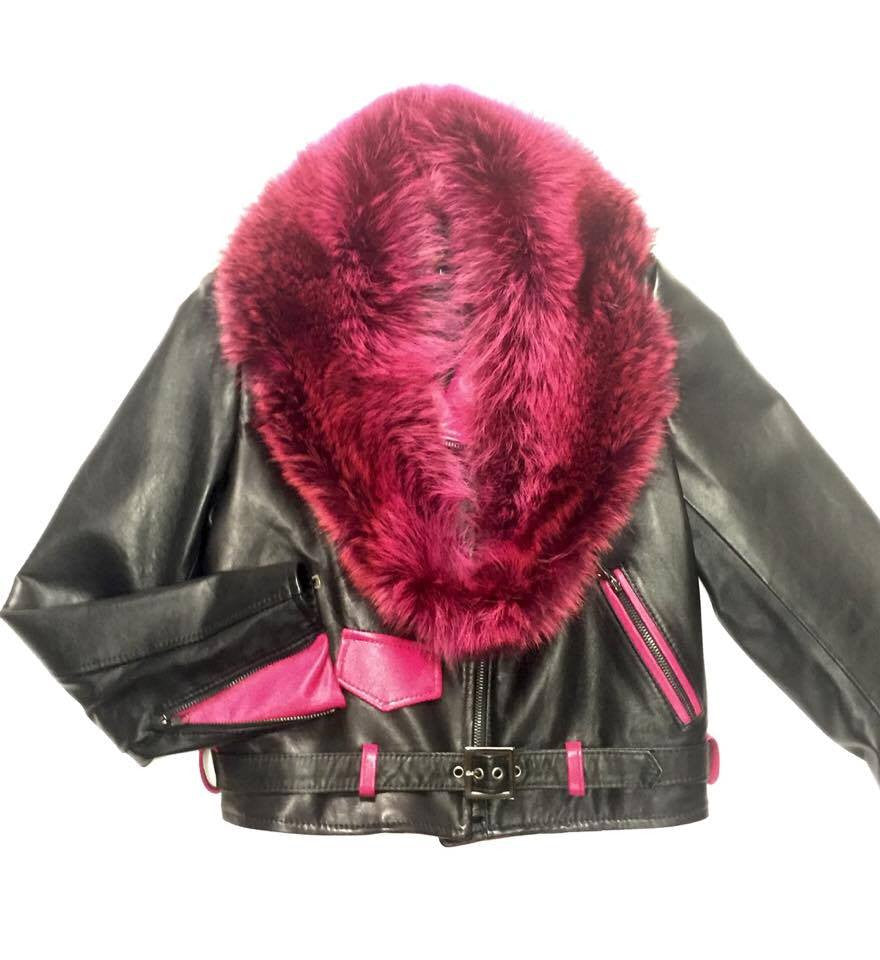 G-Gator Ladies Black & Pink Fox Collar Lambskin Biker Jacket - Dudes Boutique