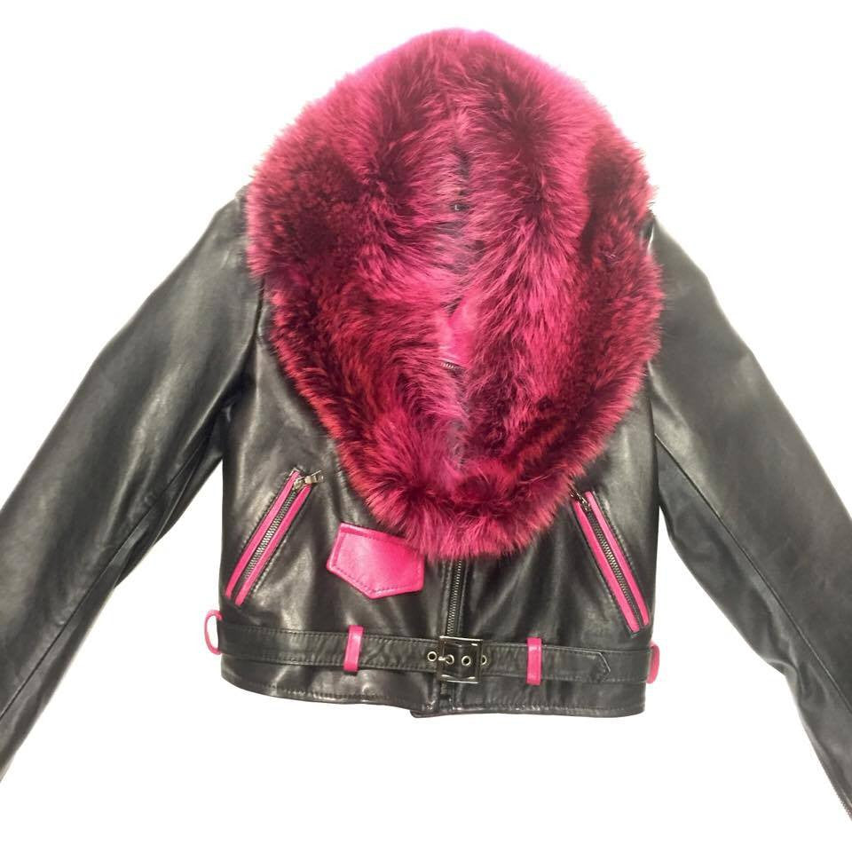 G-Gator Ladies Black & Pink Fox Collar Lambskin Biker Jacket - Dudes Boutique