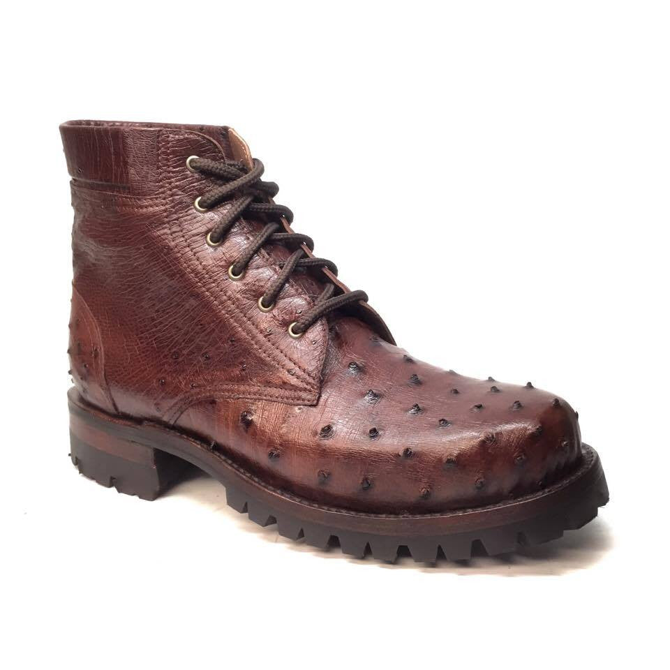 Safari Chocolate Ostrich Quill Combat Ankle Boots - Dudes Boutique
