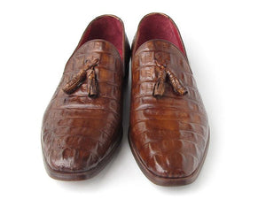 Paul Parkman Men's Brown Crocodile Embossed Calfskin Tassel Loafers - Dudes Boutique