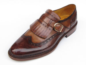 Paul Parkman Wingtip Monkstrap Brogues Brown Hand Painted Leather Upper With Double Leather Sole - Dudes Boutique