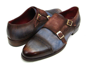 Paul Parkman Men's Captoe Double Monkstrap Antique Blue & Brown Suede - Dudes Boutique
