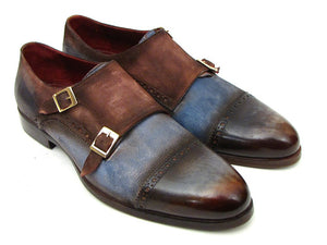 Paul Parkman Men's Captoe Double Monkstrap Antique Blue & Brown Suede - Dudes Boutique