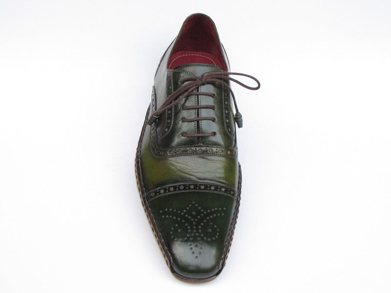 Paul Parkman Men's Side Handsewn Captoe Oxfords- Green/ Yellow Leather Upper and Leather Sole - Dudes Boutique