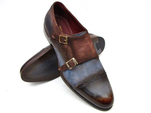 Paul Parkman Men's Captoe Double Monkstrap Antique Blue & Brown Suede - Dudes Boutique