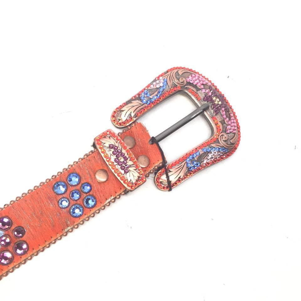 b.b. Simon Orange Multicolored Pony Hair Crystal Belt - Dudes Boutique