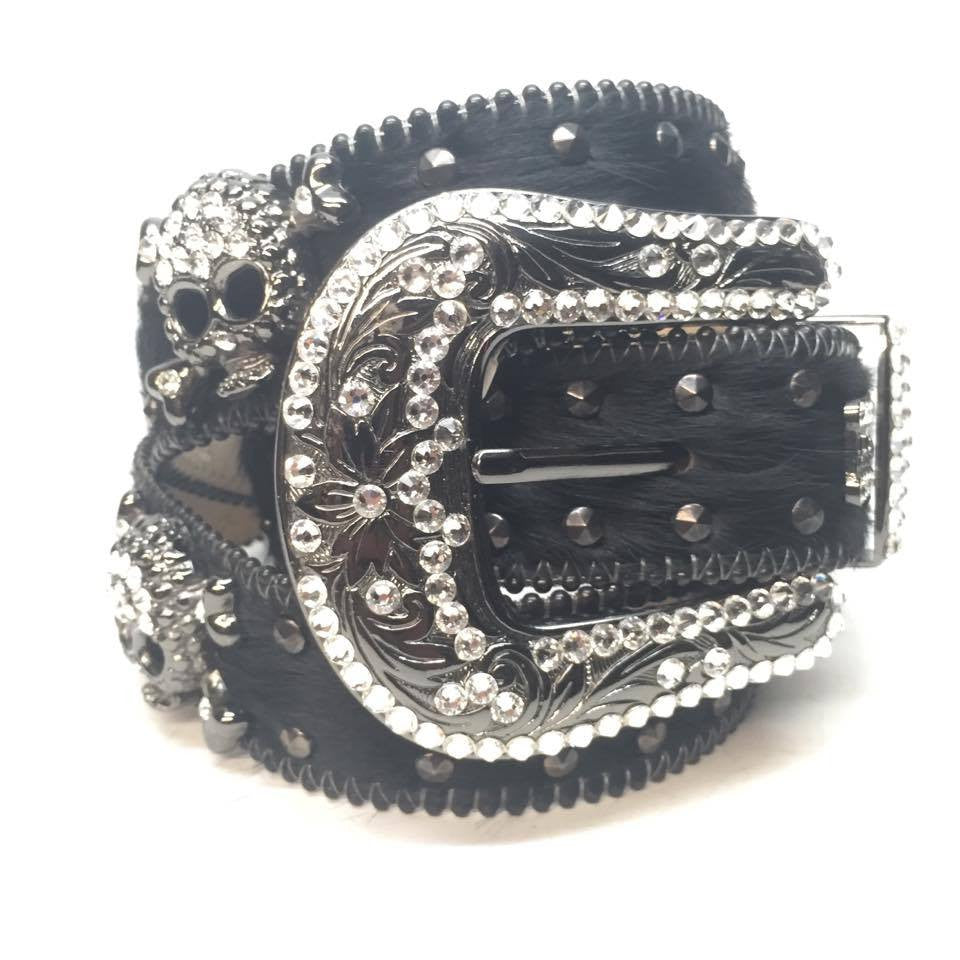 b.b. Simon "Double Studded Skull Pony Hair" Crystal Belt - Dudes Boutique