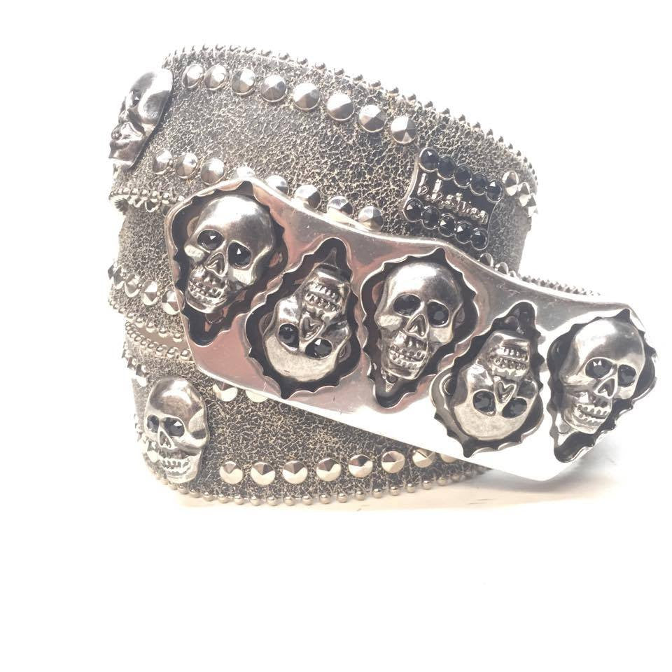 b.b. Simon Grey Double Studded Skull Crystal Belt - Dudes Boutique