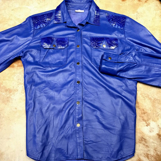 Kashani royal blue alligator and lambskin button-up shirt