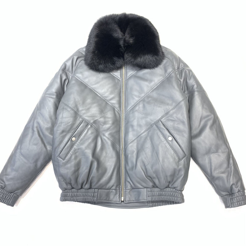 Daniels Leather Men's Grey Quilted Lambskin Fox Collar Biker Jacket - Dudes Boutique