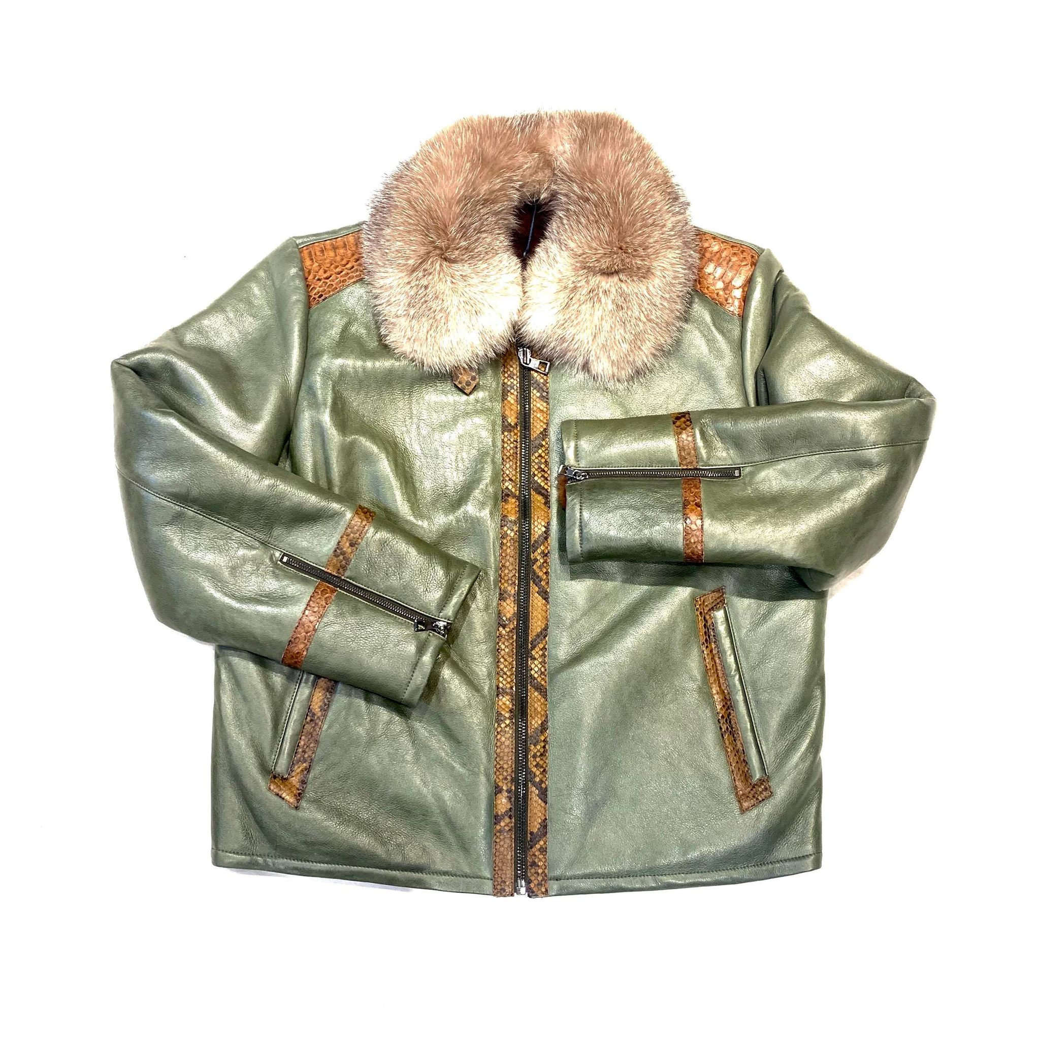 Barya NewYork Olive Cognac Python Fox Shearling Bomber Jacket - Dudes Boutique