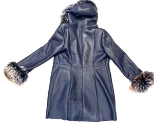 Kashani Women's Navy Blue Fox Collar 3/4 Shearling Jacket - Dudes Boutique