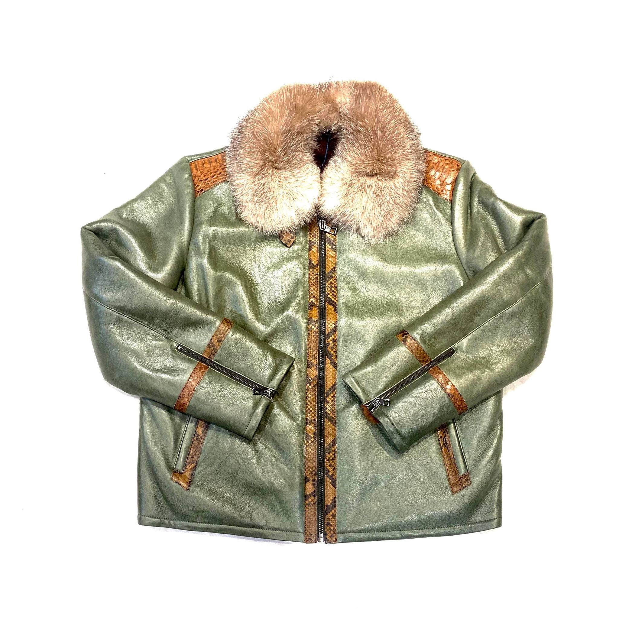 Barya NewYork Olive Cognac Python Fox Shearling Bomber Jacket - Dudes Boutique