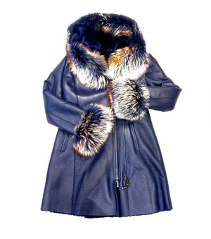 Kashani Women's Navy Blue Fox Collar 3/4 Shearling Jacket - Dudes Boutique