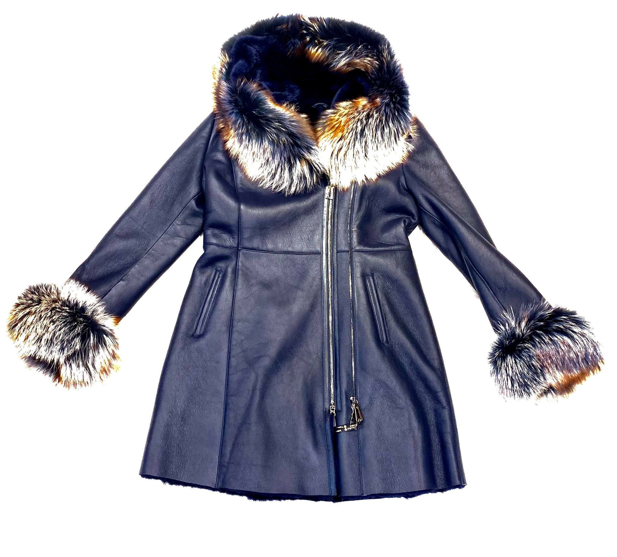 Kashani Women's Navy Blue Fox Collar 3/4 Shearling Jacket - Dudes Boutique