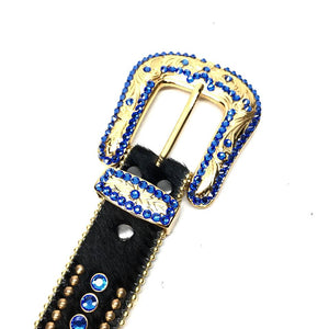 b.b. Simon Royal Blue/Gold/Black Studded Pony Hair Swarovski Crystal Belt - Dudes Boutique