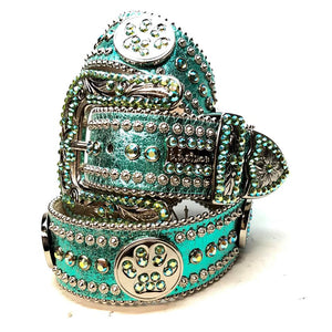 b.b. Simon Metallic Teal Paw Leather Crystal Belt - Dudes Boutique