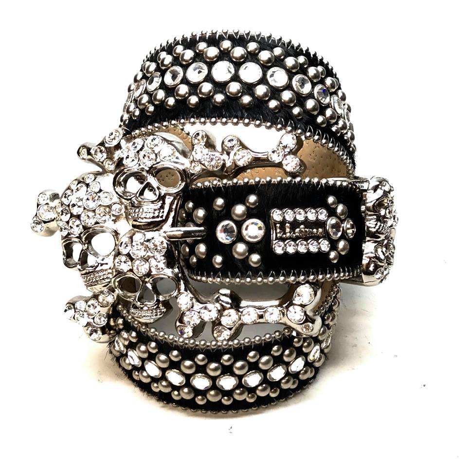 b.b. Simon Black Skull Studded Pony Hair Crystal Belt - Dudes Boutique